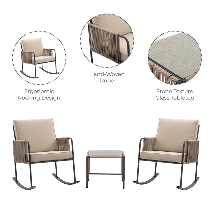 Steel Frame Rocking Chair Conversation Set with Rope Accent Outdoor Furniture
