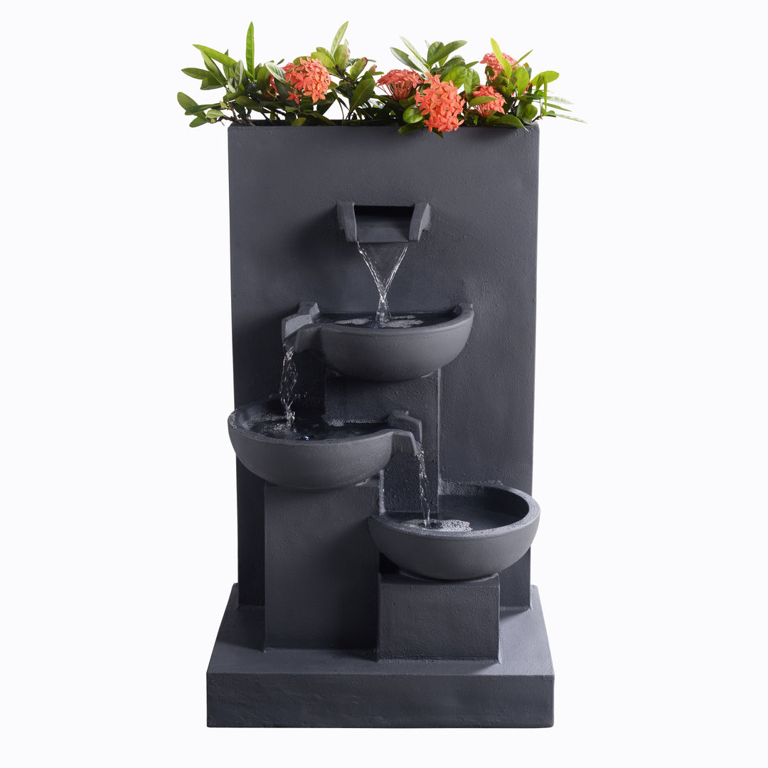 A 29.13" Outdoor Water Fountain with Planter without the LED lights on, Matte Gray, isolated on a white background.
