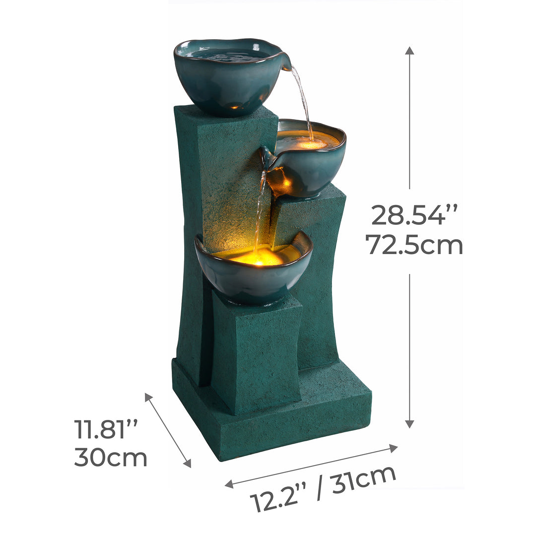 Illuminated 28.54" 3-tiered fountain with LED Lights, Green with dimensions in inches and centimeters
