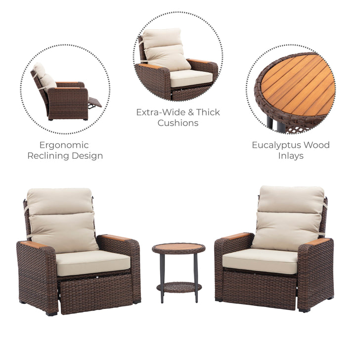 Wicker Frame & Wood Armrests Recliner Set in Warm Brown Outdoor Seating