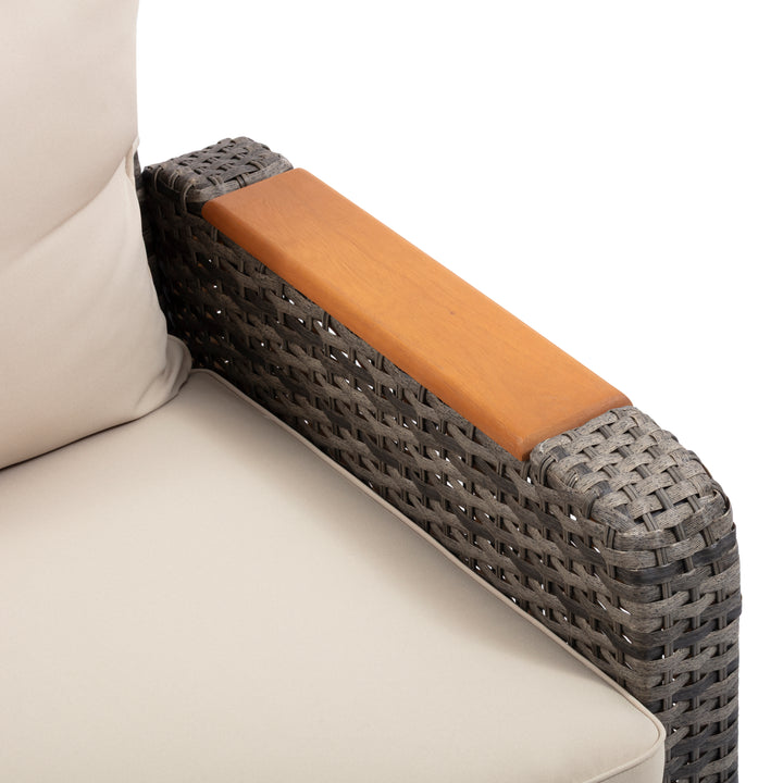 Wicker Frame & Wood Armrests Recliner Set in Gray Outdoor Seating