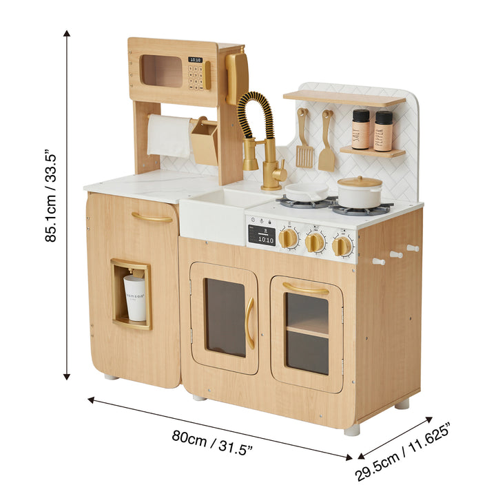 TEAMSON KIDS - LITTLE CHEF CYPRUS MEDIUM PLAY KITCHEN, LIGHT OAK/WHITE playset with dimensions labeled. in centimeters and inches.
