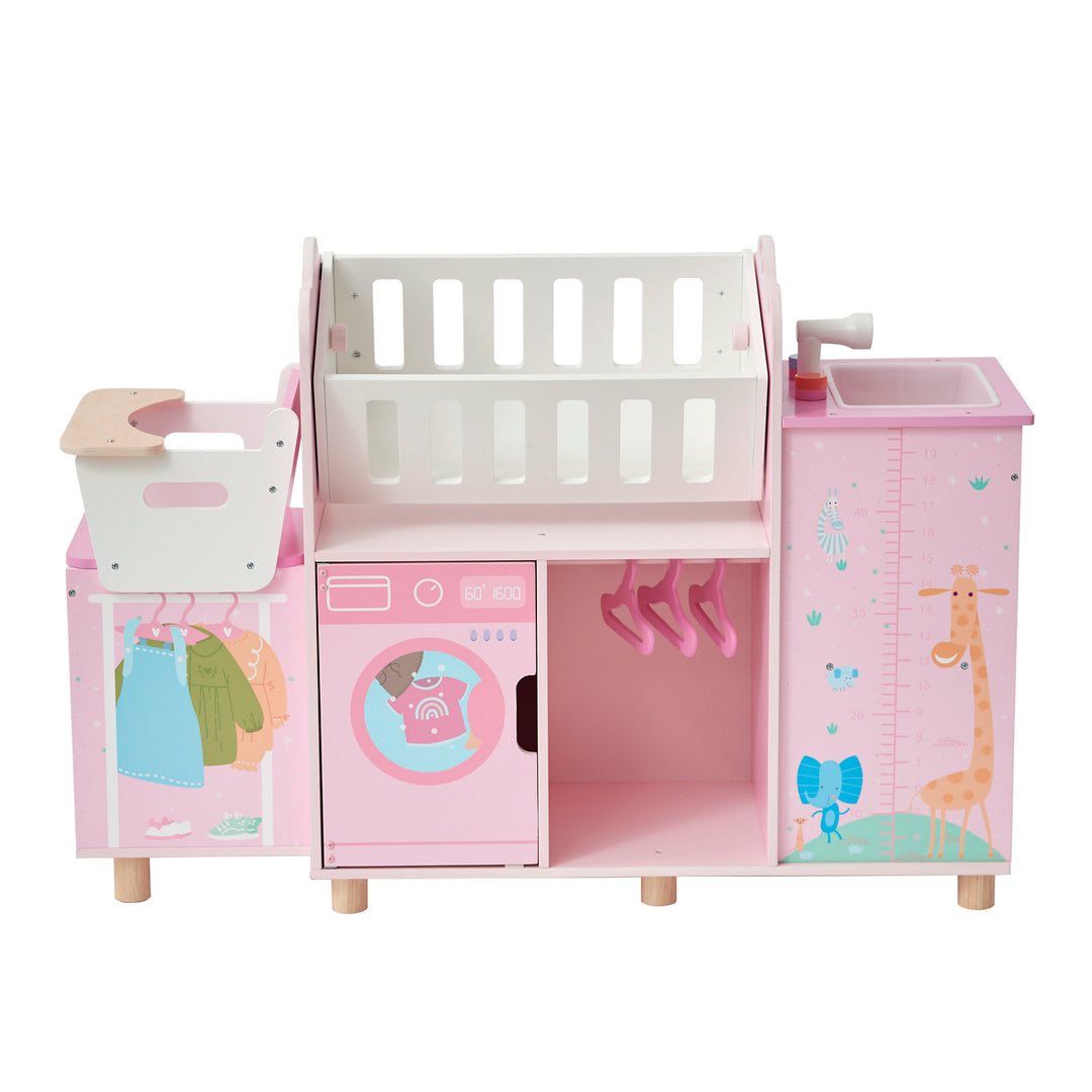 A baby doll nursery station in pink with detailed illustrations with a pink base, including a removable high chair, a rocking cradle, a bathtub with hand-held faucet, a closet with 3 pink hangers, and a pretend washing machine.