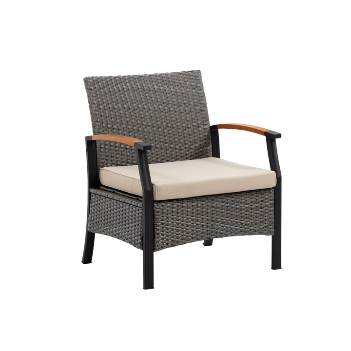 Wooden Armrests Outdoor Patio Furniture Conversation Set with Rattan Wicker Look