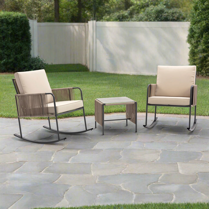 Steel Frame Rocking Chair Conversation Set with Rope Accent Outdoor Furniture