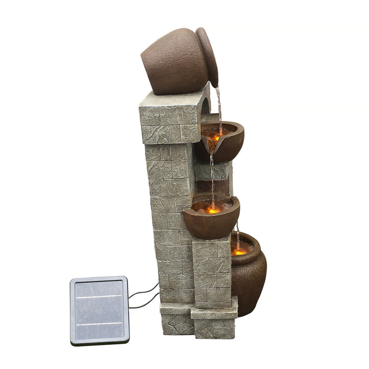 Teamson Home Solar Powered 4-Tier Cascading Bowls Water Fountain with LED Lights, Brown.