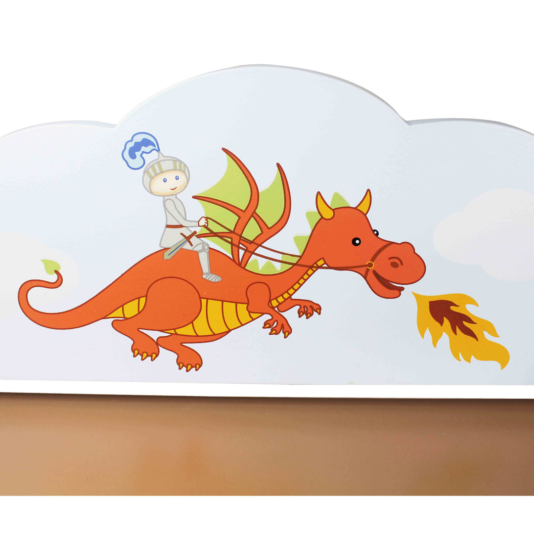A boy riding a dragon on a cloud on the top of the shelf.