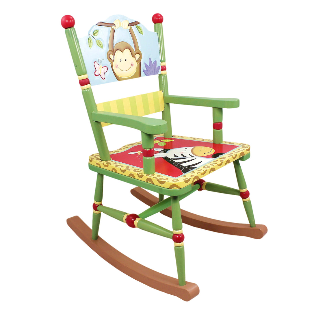 A kids rocking chair with a green finish, leopard trim , detailed monkey on the back and zebra on the front.