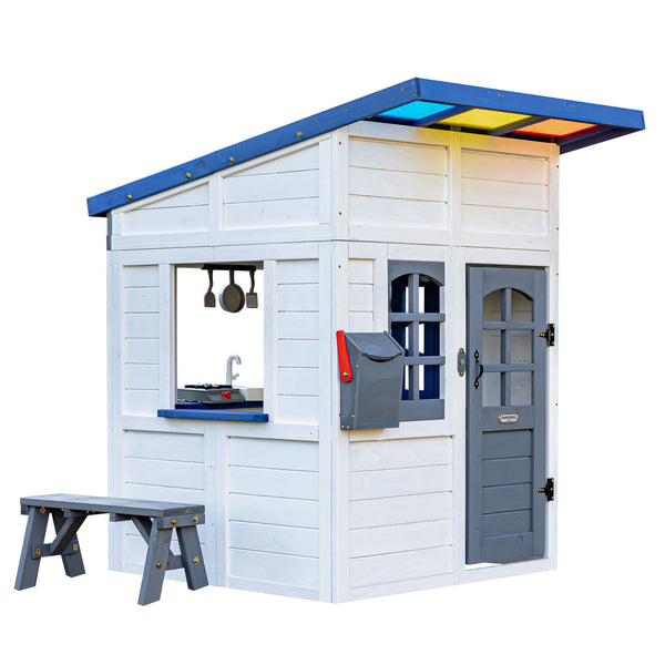 Teamson Kids Rainbow Shade Wooden Playhouse with Kitchen and Bench, White