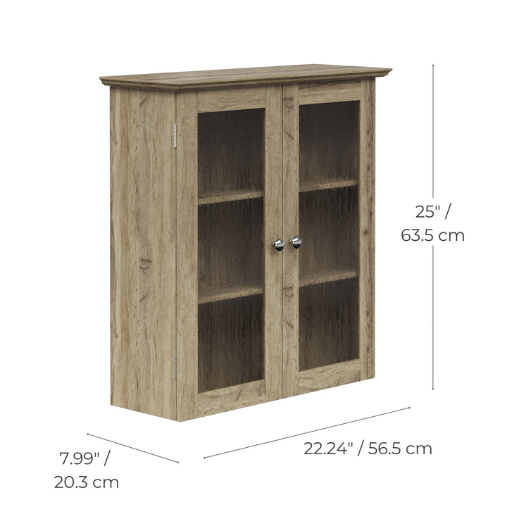 Dimensional graphic of a light oak finished wall cabinet in inches and centimeters.