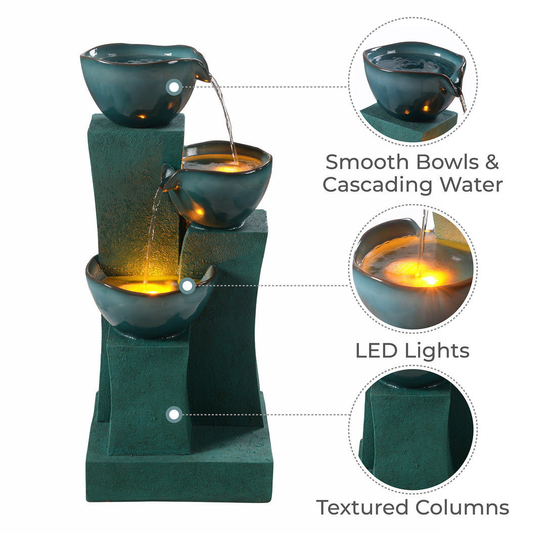 28.54" 3-Tier Indoor Water Fountain with LED Lights, Green, with callouts