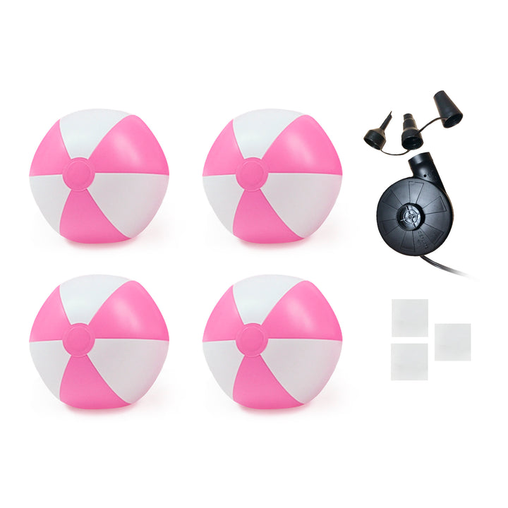 Five pink and white beach balls, a pair of black earbuds, and three small gray square adhesive patches on a white background.