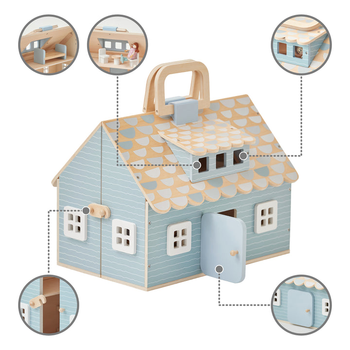 Feature callouts of the blue cottage dollhouse: a bed in the top floor, a table and two chairs and a doll in a top room, a doll looking out of the windows on top of the cottage, the door open and closed on the bottom, the hook open and closed on the side of the cottage.