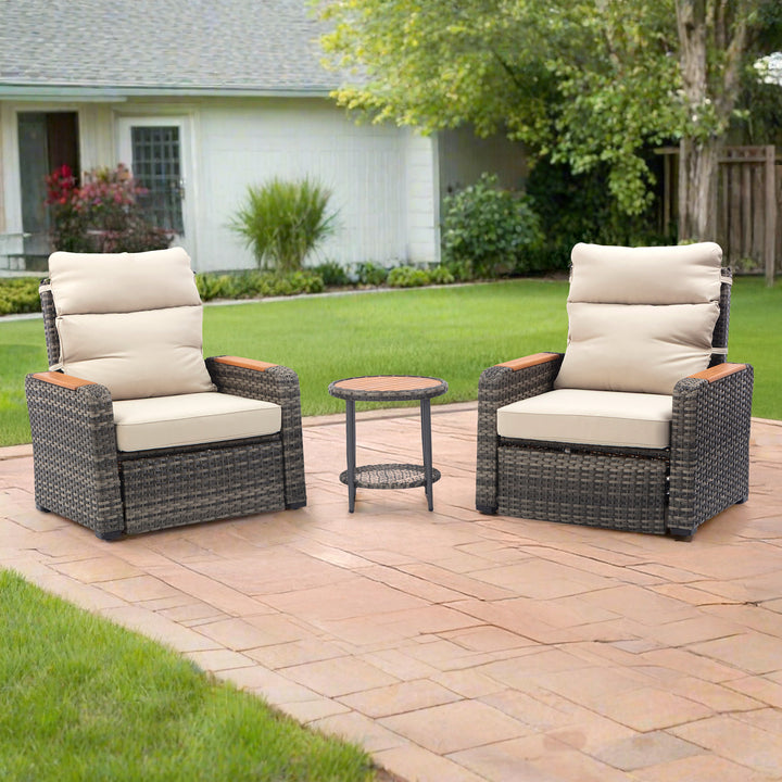 Wicker Frame & Wood Armrests Recliner Set in Gray Outdoor Seating