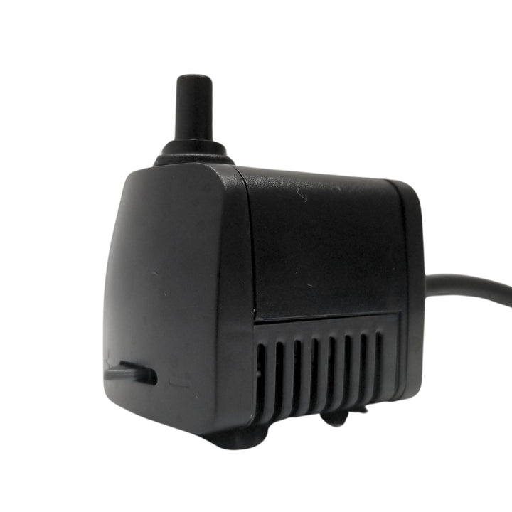 Black submersible water pump with a compact, rectangular design and a nozzle on top.