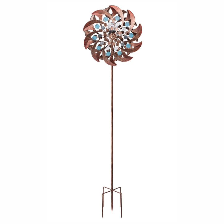 A 18" dia. x 70" H Solar Metallic Kinetic Windmill Spinner, Copper garden stake with a floral design.