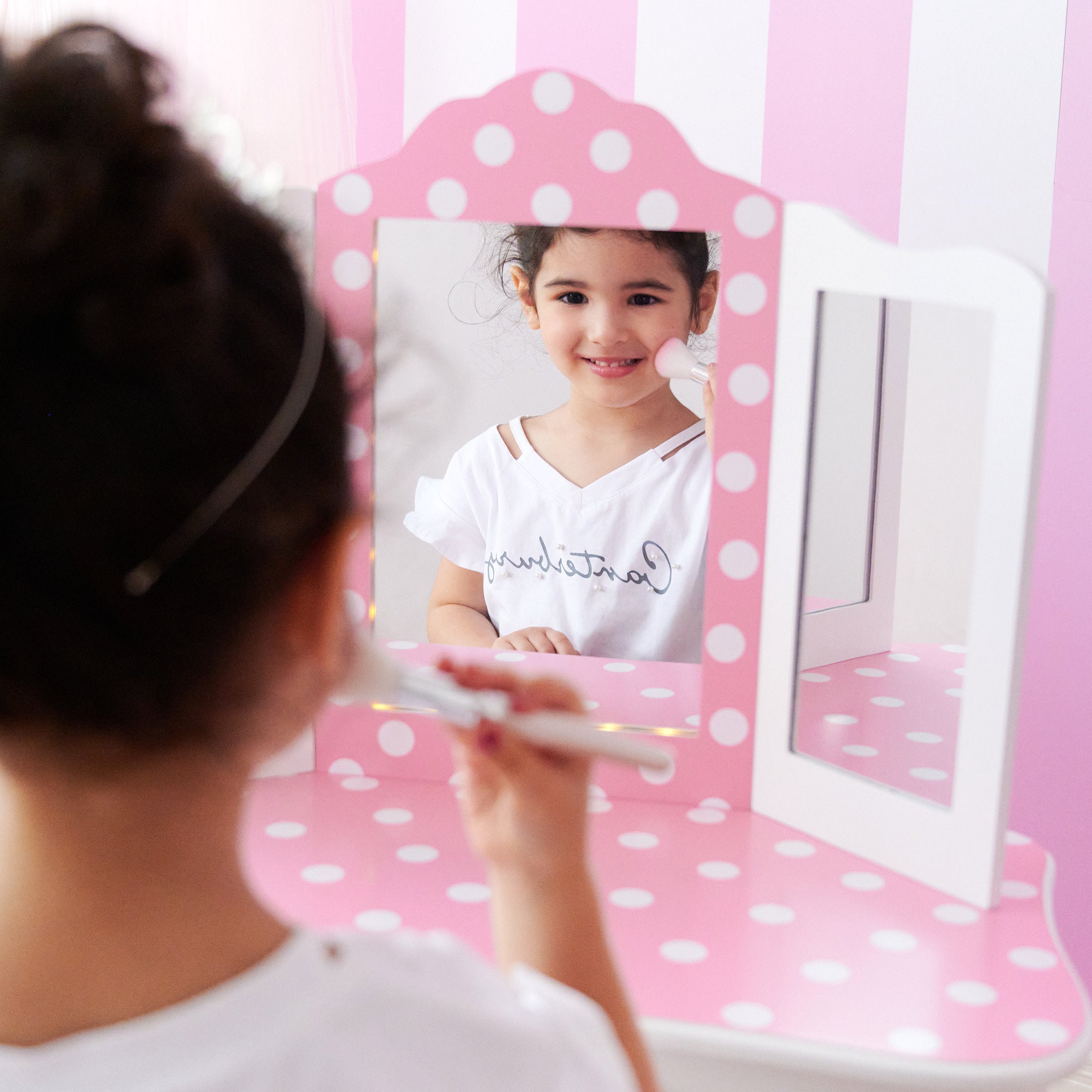 Fantasy Fields Gisele Polka Dot Prints Play Vanity Set with LED Mirror Light, Pink/White
