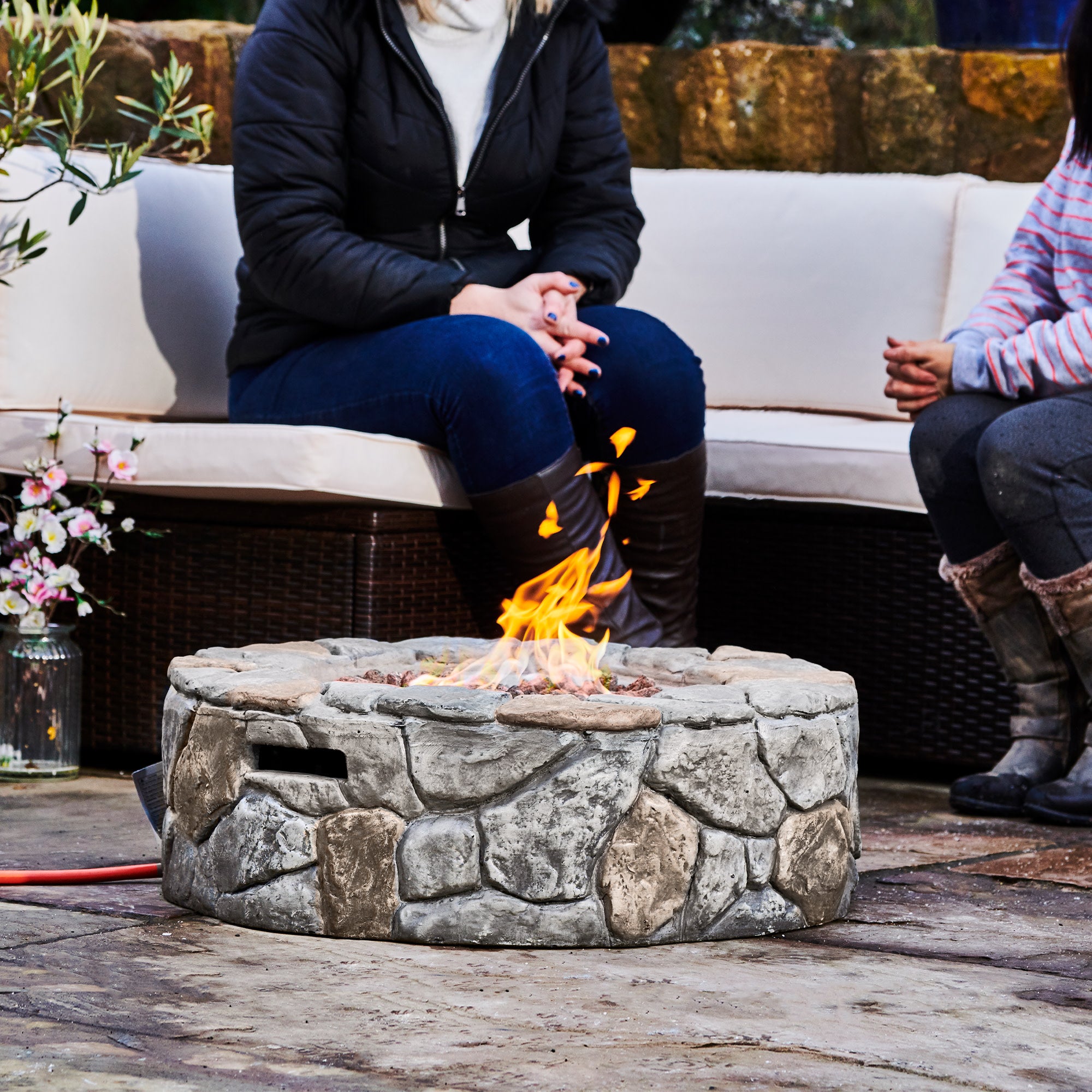Teamson Home 28" Outdoor Round Stone Propane Gas Fire Pit, Stone Gray