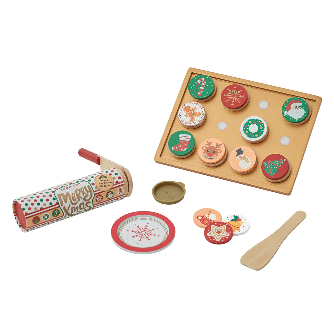 Wooden playset featuring TEAMSON KIDS - CUTTABLE CHRISTMAS COOKIE PLAY SET and baking accessories.