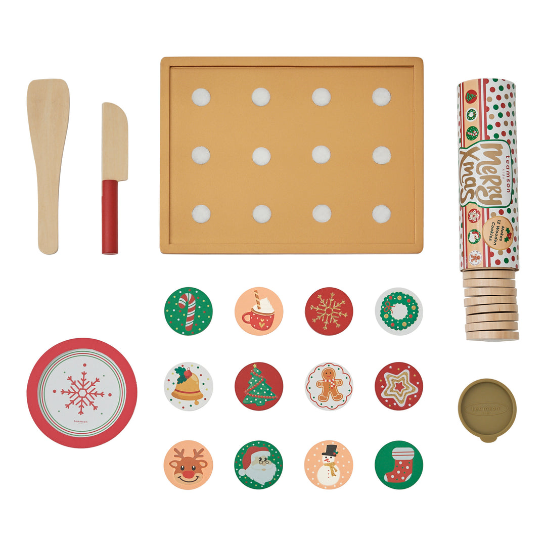 Assorted TEAMSON KIDS - CUTTABLE CHRISTMAS COOKIE PLAY SET baking and decorating supplies including a cookie sheet, spatulas, and decorated cookies.