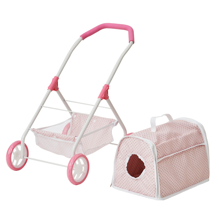 A picture of the enclosed pet carrier detached from the stroller frame and sitting on the floor next to it.