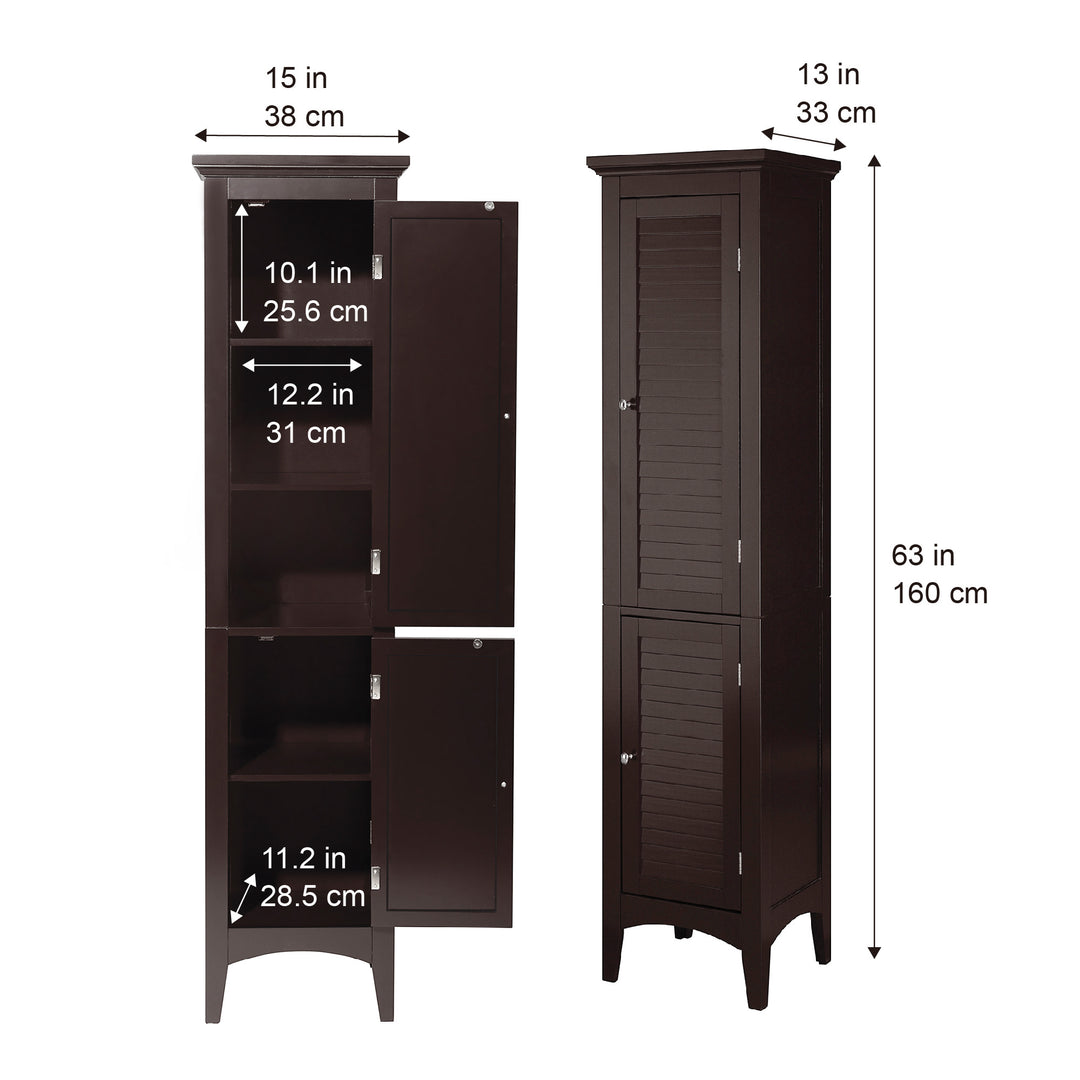 Dimensions listed for the interior and exterior in centimeters and inches of the Dark Brown Teamson Home Glancy Linen Cabinet with louvred doors