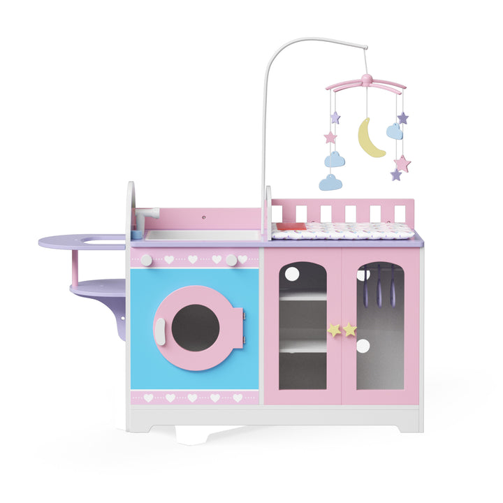A baby doll changing station with a mobile