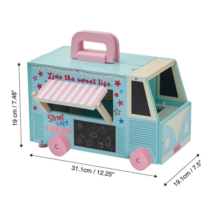Dimensions in inches and centimeters of the food truck for dolls, blue and pink.