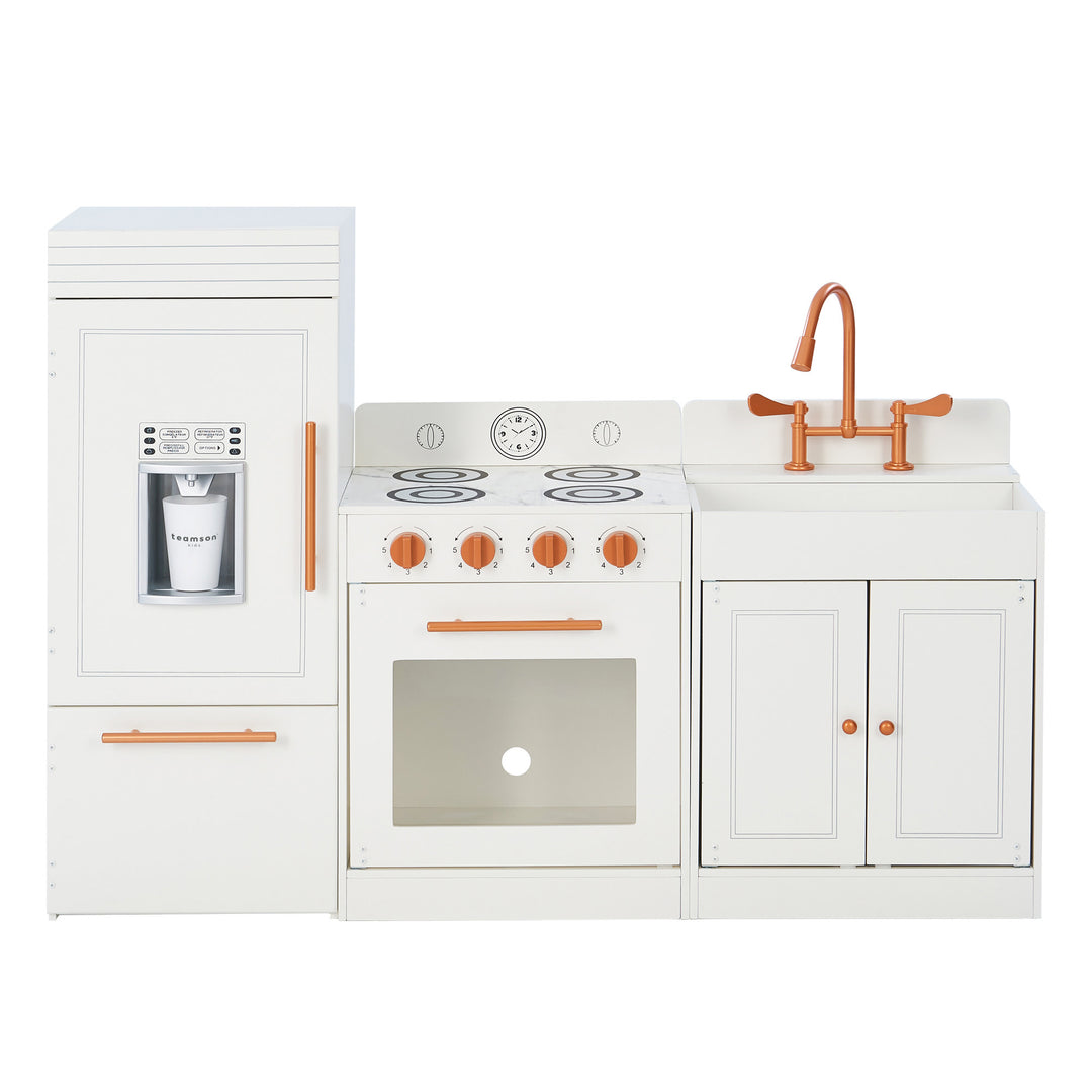 Teamson Kids Little Chef Paris Complete Kitchen Playset, White/Rose Gold with modern design appliances and realistic details.