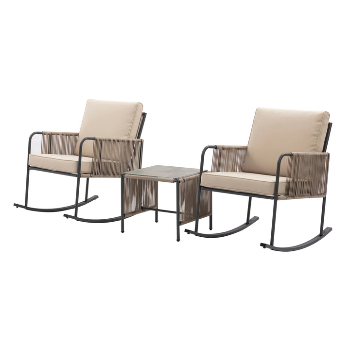 Steel Frame Rocking Chair Conversation Set with Rope Accent Outdoor Furniture