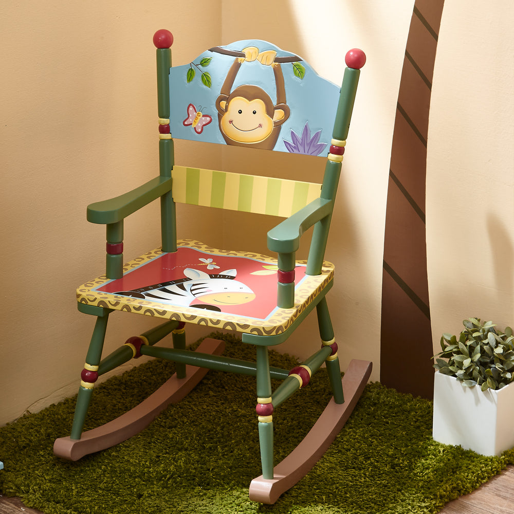 A child's multicolored sunny safari rocking chair with a jungle theme.