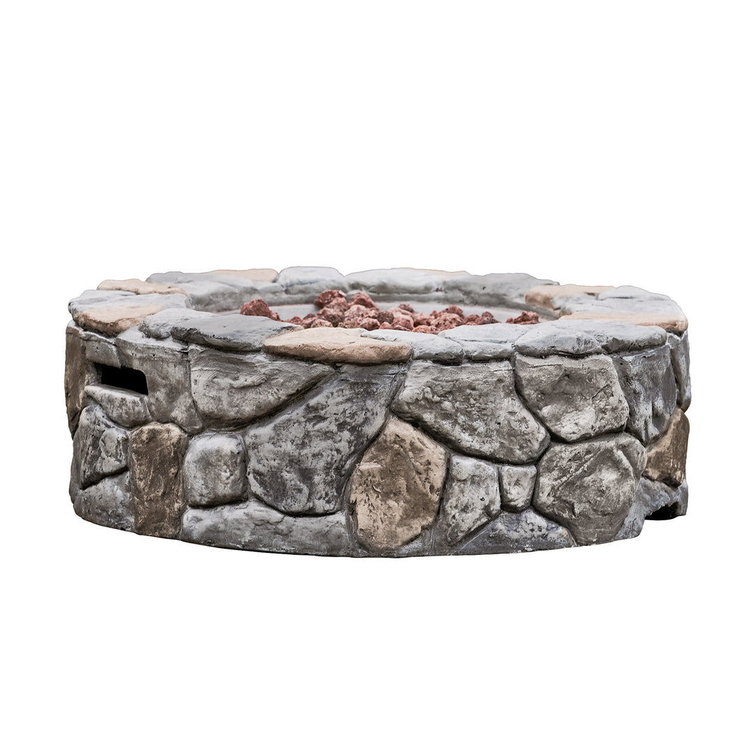 Teamson Home 28" Outdoor Round Stone Propane Gas Fire Pit, rustic and textured Stone Gray isolated on a white background.