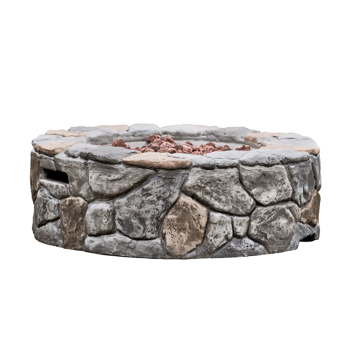 Teamson Home 28" Outdoor Round Stone Propane Gas Fire Pit, rustic and textured Stone Gray isolated on a white background.