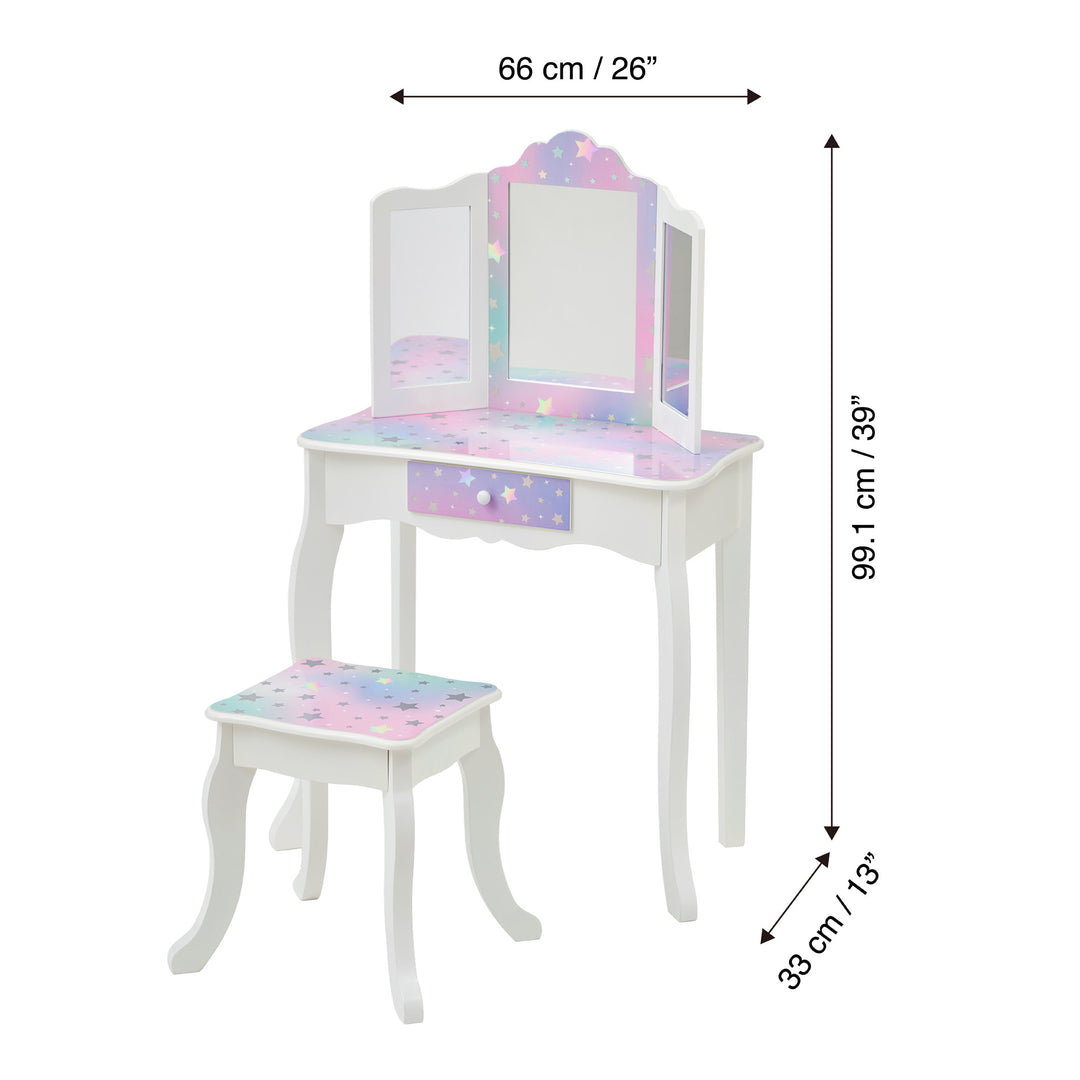 Dimensions in inches and centimeters of a FANTASY FIELDS - GISELE STARRY SKY PRINT vanity set with a mirror and stool.