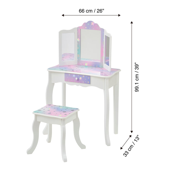 Dimensions in inches and centimeters of a FANTASY FIELDS - GISELE STARRY SKY PRINT vanity set with a mirror and stool.