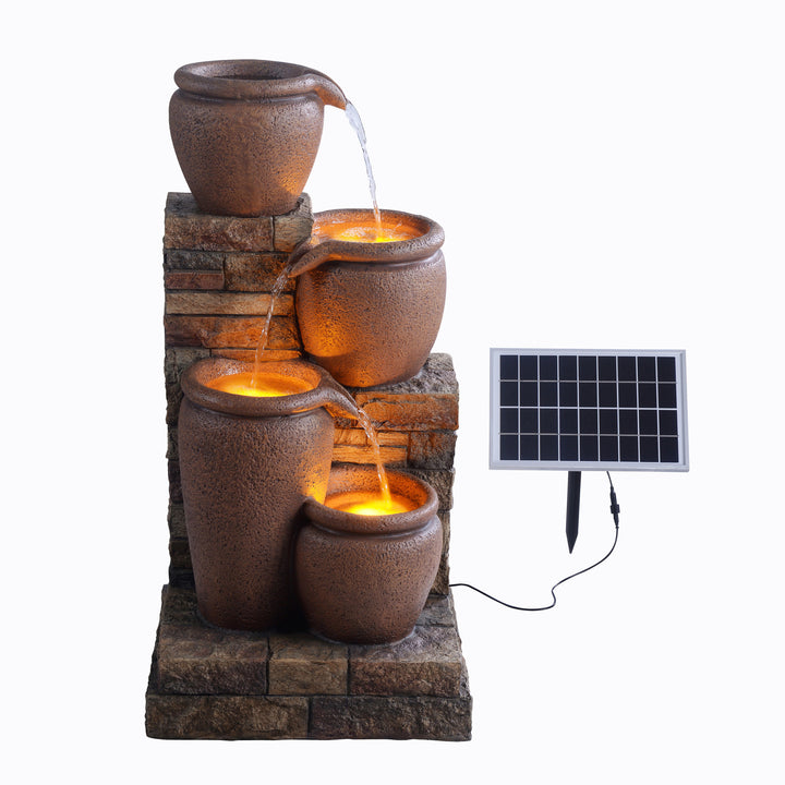 Teamson Home 30.71" 4-Tier Outdoor Solar Water Fountain with LED Lights, Terracotta with cascading pots on a white background.