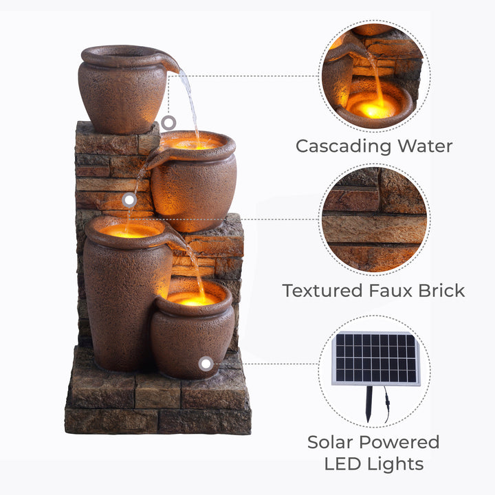 Callout of three features of the water fountain: the cascading water, textured faux brick, and the solar-powered LED lights