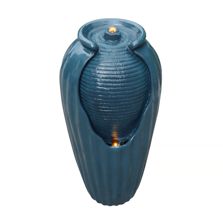 Blue Teamson Home Indoor/Outdoor Contemporary Glazed Contoured Vase Water Fountain with LED Lights, with glossy finish in a view from above, against a white background.