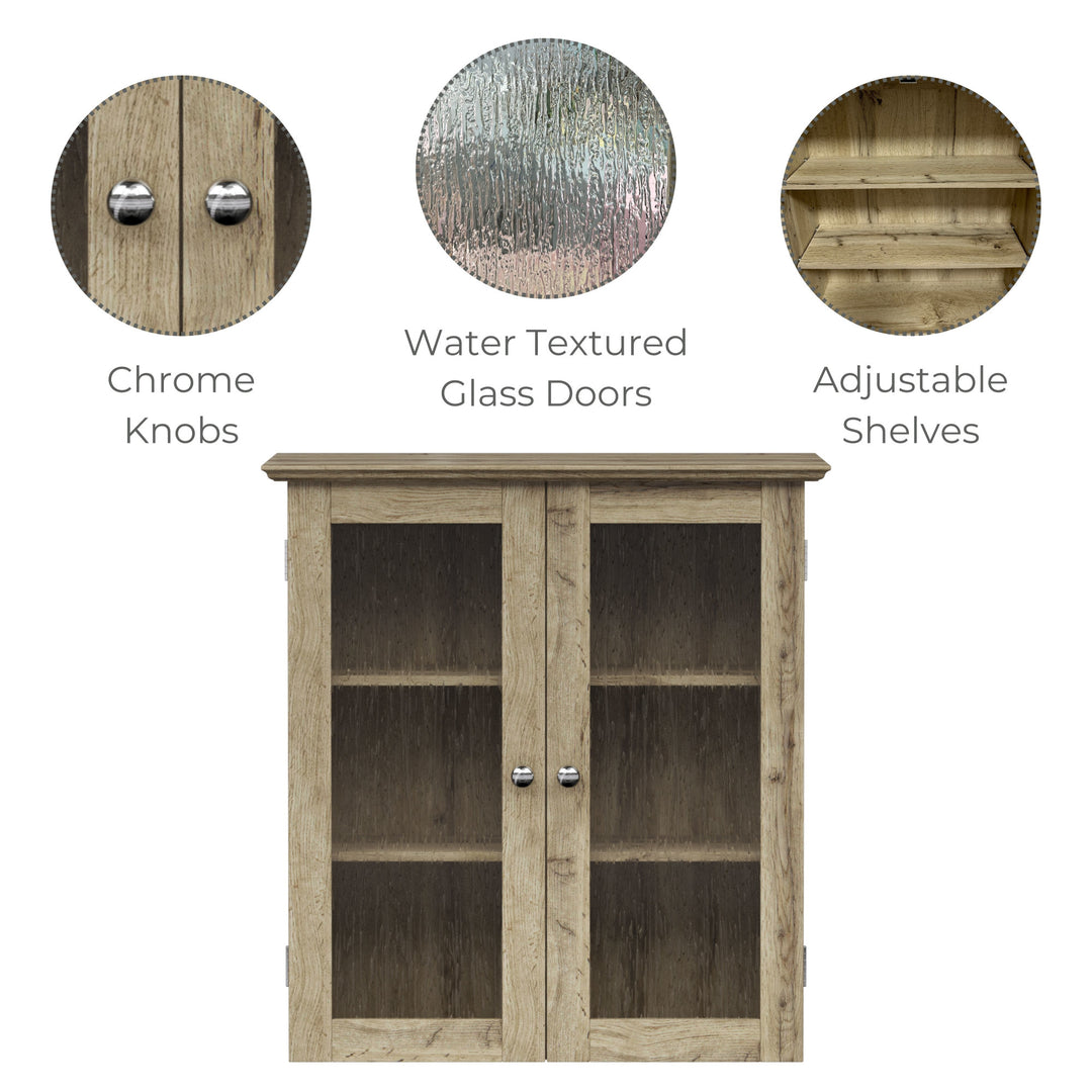 Infographic calling out features of a light oak finished wall cabinet - chrome knobs, glass doors, and adjustable shelves.