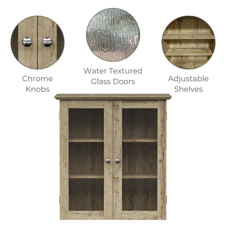 Infographic calling out features of a light oak finished wall cabinet - chrome knobs, glass doors, and adjustable shelves.
