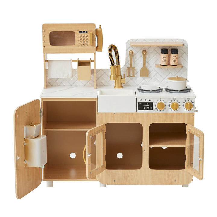 A Teamson Kids - Little Chef Cyprus medium play kitchen set with open cabinets and pretend appliances.