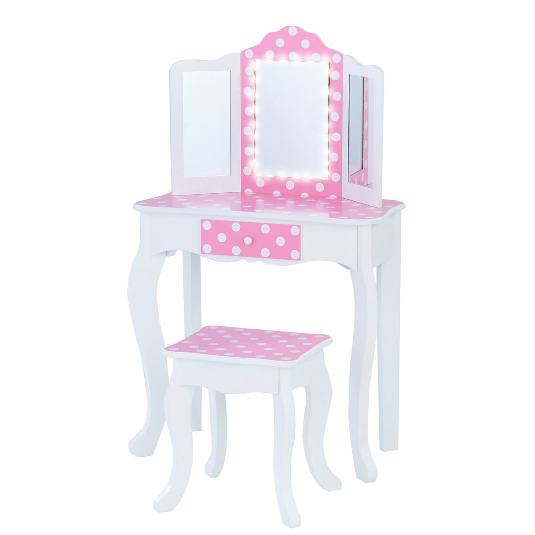 A Fantasy Fields Gisele Polka Dot Prints Play Vanity Set with LED Mirror Light, Pink/White.