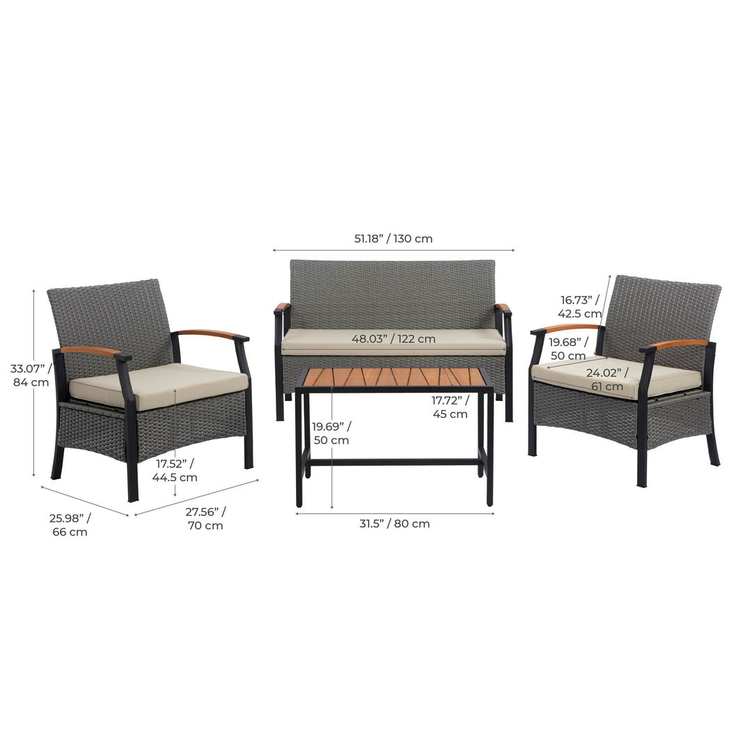 Wooden Armrests Outdoor Patio Furniture Conversation Set with Rattan Wicker Look