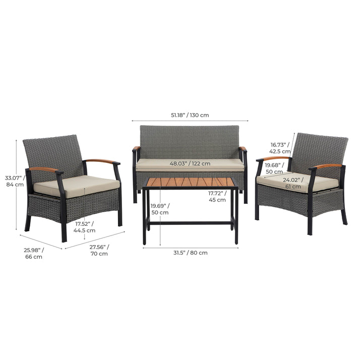 Wooden Armrests Outdoor Patio Furniture Conversation Set with Rattan Wicker Look