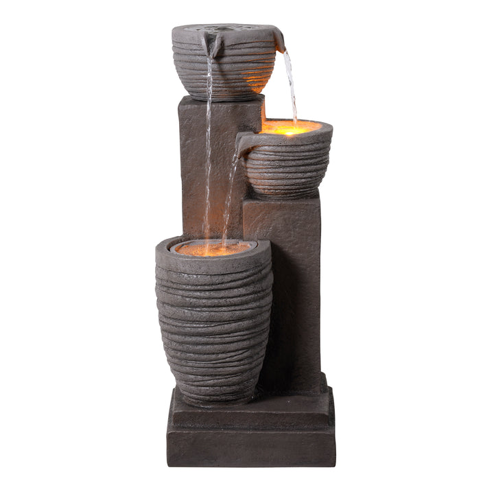 Horizontal Ribbed Pattern Outdoor Water Fountain with Warm Glow Lighting
