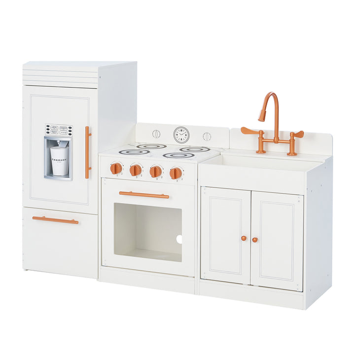 A white Teamson Kids Little Chef Paris Complete Kitchen Playset with a stovetop, sink, and oven featuring copper-colored handles and faucet, designed with realistic details for a modern look.