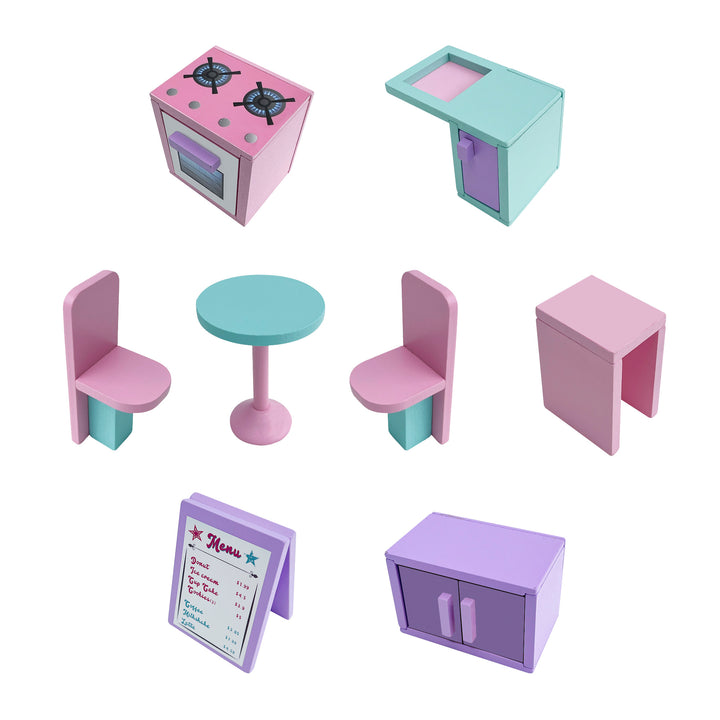 A picture of all the accessories: a purple sandwich board, two pink chairs and a blue table, a pink stove, a blue sink, a purple cooler, and a pink counter.
