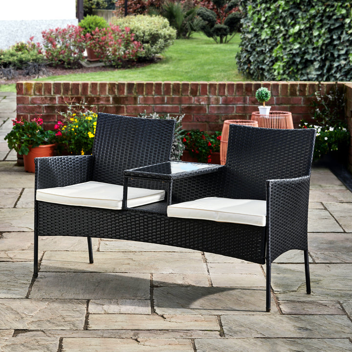 Teamson Home Outdoor Wicker Loveseat Bench with Table and Cushions, Black
