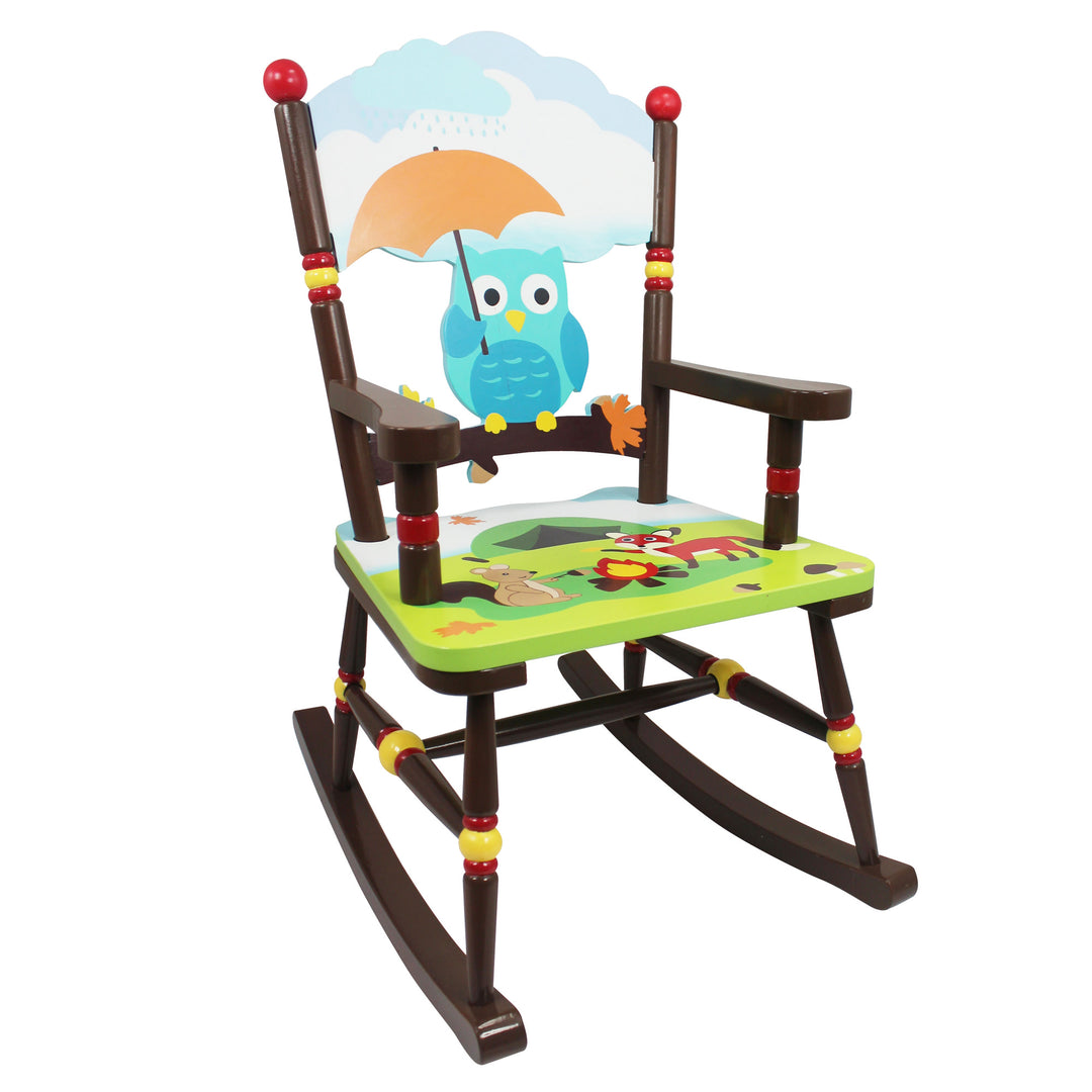 Multicolored rocking chair for kids with an owl on it.