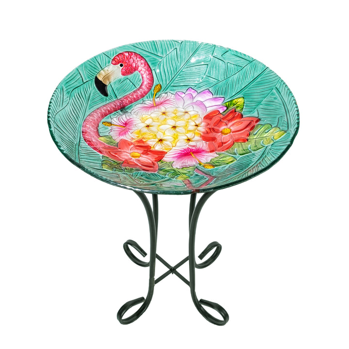17.8" Fusion Glass birdbath with a metal stand with a colorful flamingo and floral design.